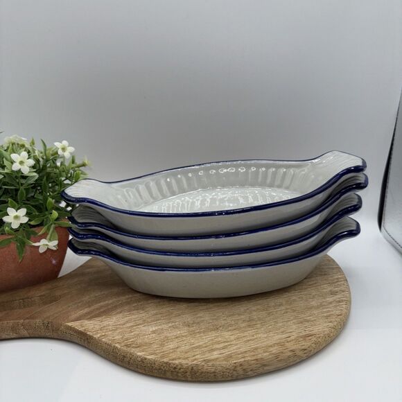 4 Vtg Blue Trim & Gray Speckled eared gratin dishes Preowned - Picture 1 of 7